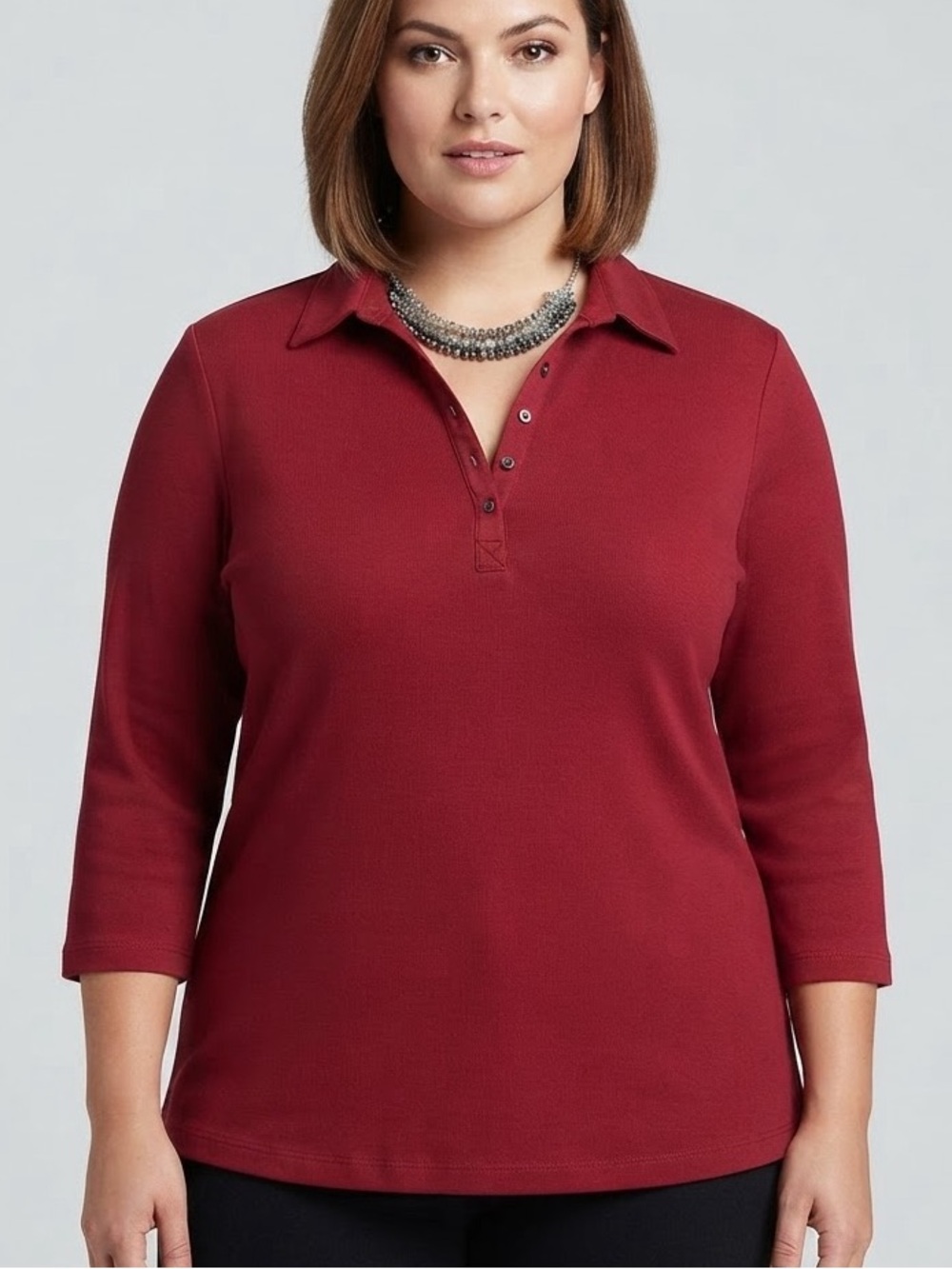ENCORE Deep Red Top, Collar with Snaps Design, Long Sleeve, 100% Cotton 2X